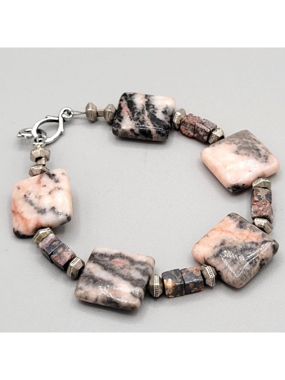Handcrafted Pink Zebra Jasper Bracelet With Rhodonite Stones Silver Tone Spacers